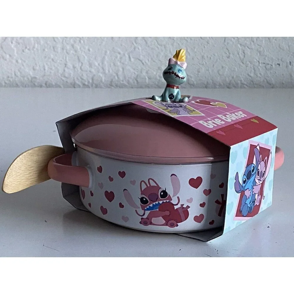 Disney Stitch And Angel Valentines Hearts Ceramic Brie Baker & Wood Spoon NEW